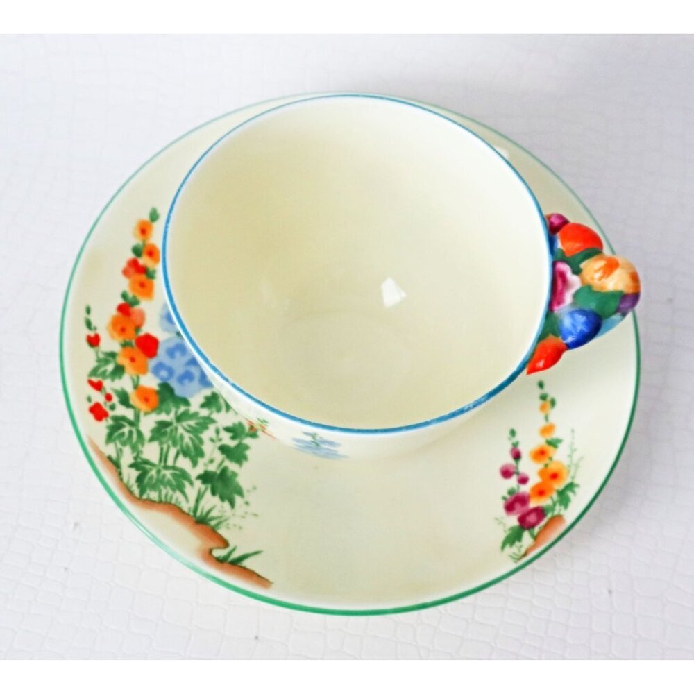Staffordshire Hollyhock Floral Tea Cup Saucer Flower Handle English Tea Party